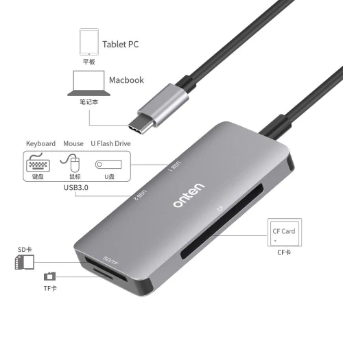 Hub USB Type-C 5 en 1 2*USB 3.0 & Lecteur de carte CF / SD / TF alliage d'aluminium OTN-91182 ONTEN