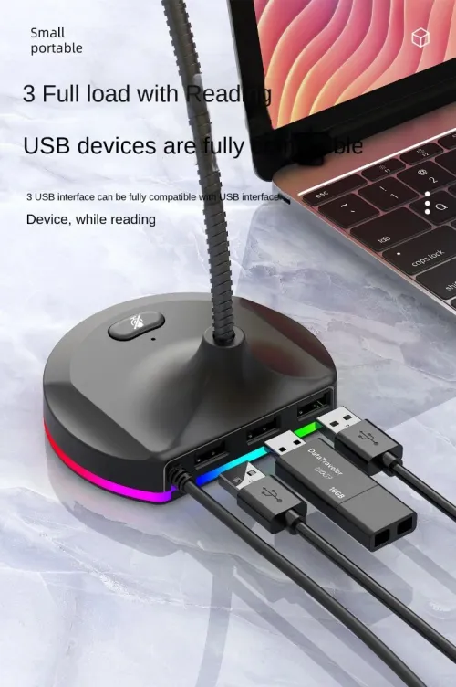Microphone USB Omni Directionnel Flexible avec Hub 3 Ports USB, RGB, Anti- Bruit, Plug & Play