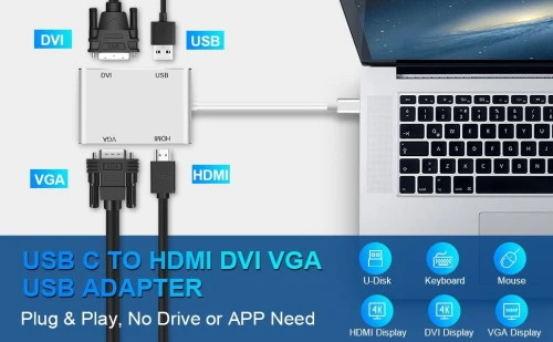 Adaptateur 4 en 1  USB Type-C vers HDMI / DVI / VGA / USB 3.0 Multiplateformes