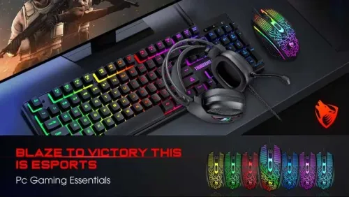  Pack Gaming 4en1 - Clavier Filaire, Souris 4 Boutons, Casque Stéréo avec Micro & Tapis TF400 T-WOLF