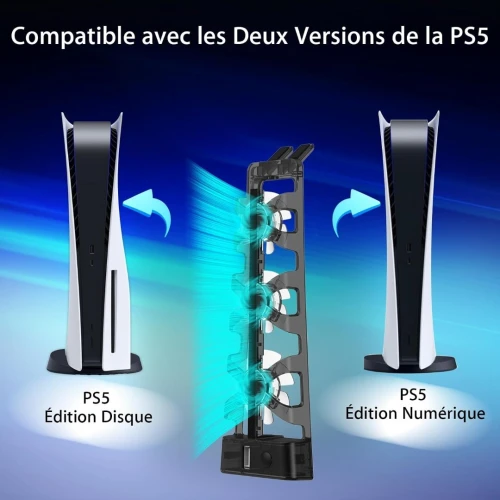 Refroidisseur avec 3 Ventilateurs & Hub USB 2.0 avec Effet Lumineux LED Bleu pour PS-5 TP5-1523E 