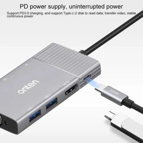 Station d'Accueil 7-en-1- USB-C, Vidéo HDMI+VGA 4K, 2*USB 3.0,  PD, SD/TF, Audio ,OTN-95113 ONTEN