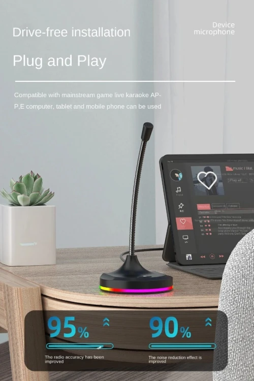 Microphone USB Omni Directionnel Flexible avec Hub 3 Ports USB, RGB, Anti- Bruit, Plug & Play