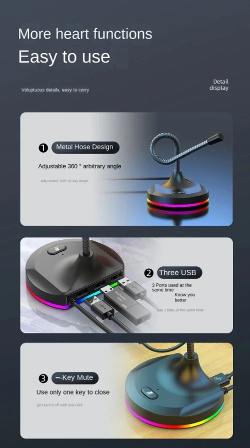 Microphone USB Omni Directionnel Flexible avec Hub 3 Ports USB, RGB, Anti- Bruit, Plug & Play
