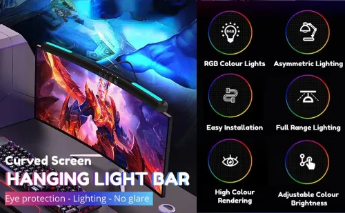 Barre Lumineuse Pour Ecran D'ordinateur, Barre Lumineuse Incurvée Avec 7 Couleurs RGB