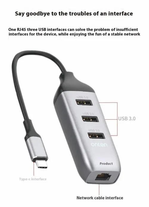 Adaptateur USB Type-C 4 en 1 Port RJ45 Réseau Ethernet Gigabit & Hub 3x USB 3.0 OTN-95118R ONTEN