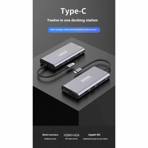Station d'Accueil USB-C 12-en-1 Vidéo 4K, Recharge 100W, Réseau Gigabit et Plus OTN-UC601 ONTEN