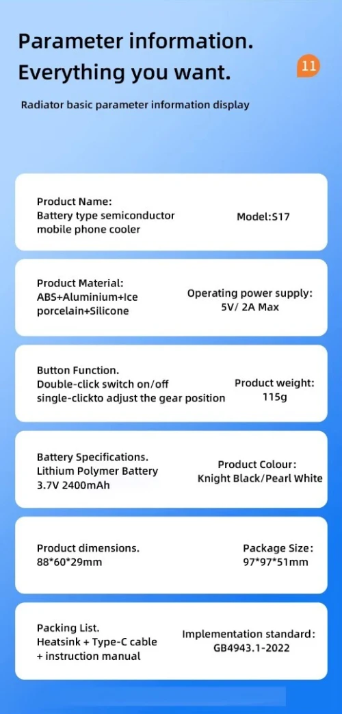 Radiateur refroidissement 2400mAH réglable à 3 Vitesses avec Fonction de Power Bank S17