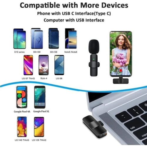 Microphone USB Type-C Sans Fil pour Enregistrement, Vlog, Conférence, Interview, Diffusion en Direct K8