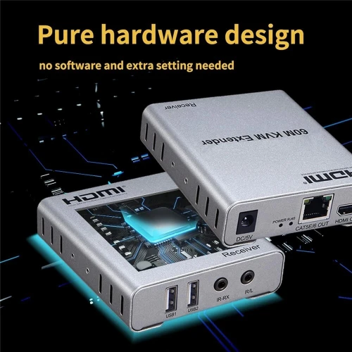 Extenseur HDMI KVM USB Souris & Clavier avec Audio à 60m par Câble Réseau RJ45