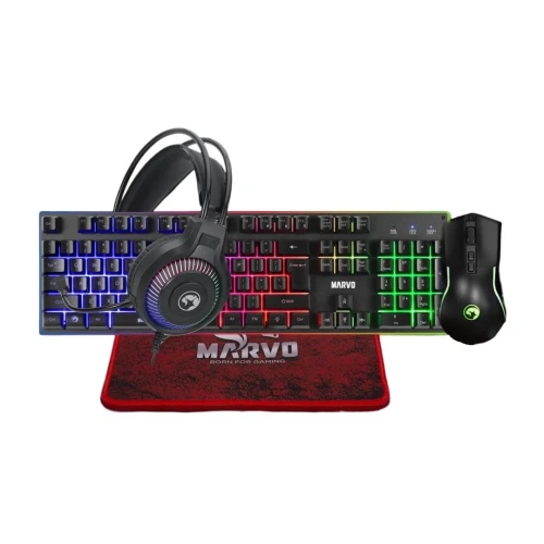 Pack Gaming 4en1 - Clavier Filaire, Souris 7 Boutons, Casque Stéréo avec Micro et Tapis CM416 MARVO