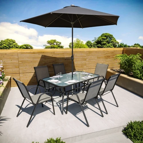 Table de jardin luxueuse avec 6 chaises et parasol