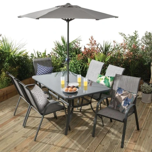 Table de jardin luxueuse avec 6 chaises et parasol