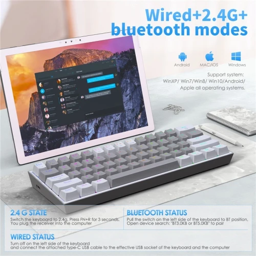 Redragon clavier mécanique gaming sans fil K616 Pro TKL, 5.0 BT/2.4 Ghz 60% Red swittch