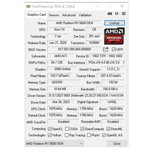 Cartes Graphiques AMD Radeon RX5600 6GB GDDR6 