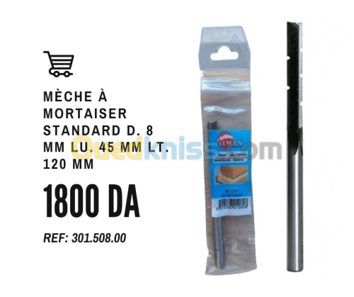 Mèche à mortaiser standard D. 8 mm Lu. 45 mm Q8 mm pour bois rotation à droite - 301.508.00 - Leman