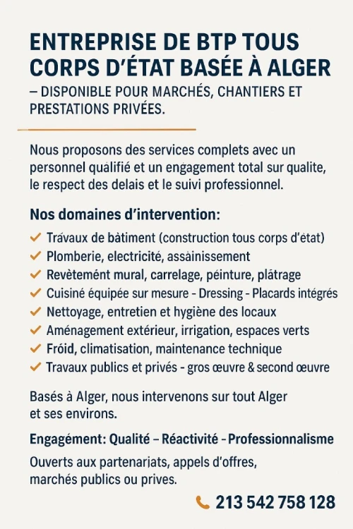 Entreprise BTP à Alger  Travaux de construction, rénovation, cuisine équipée & plus