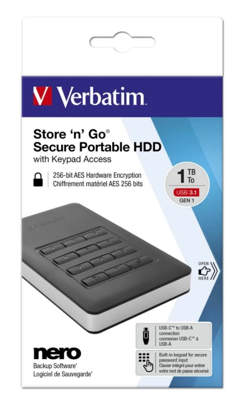 Verbatim Disque dur portable sécurisé Store n Go avec accès par clavier, USB 3.1, 1TB