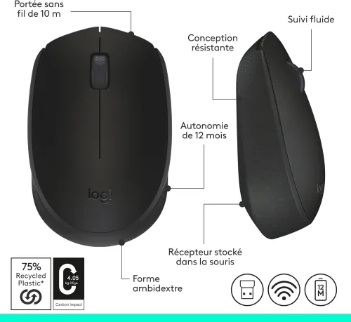 Logitech M171 Souris sans Fil pour PC, Mac, Ordinateur Portable, 2,4 GHz avec Mini-récepteur USB,