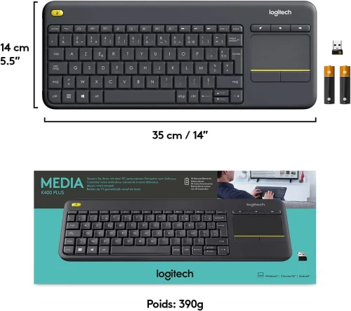 Logitech Wireless Touch Keyboard K400 Plus (Noir) Clavier sans fil - pavé tactile - compatible Android - AZERTY, Français