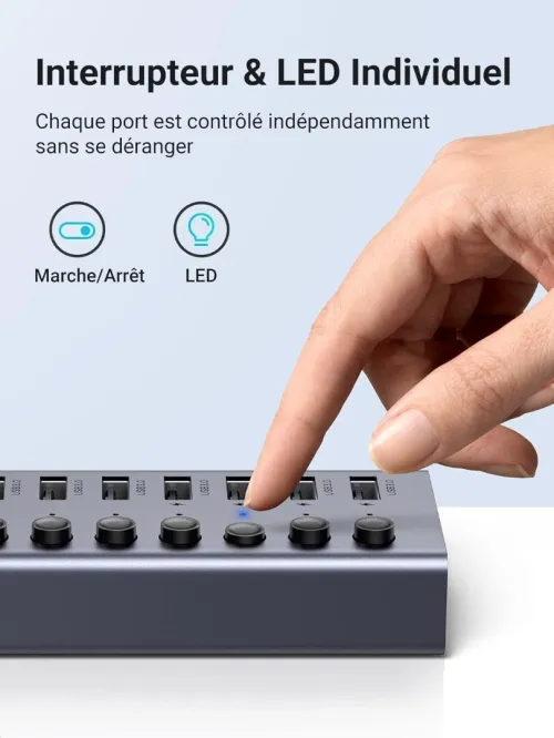 UGREEN Hub USB 3.0 Alimenté en Aluminium 7 Ports USB Hub Ports de Charge Interrupteur Indépendant