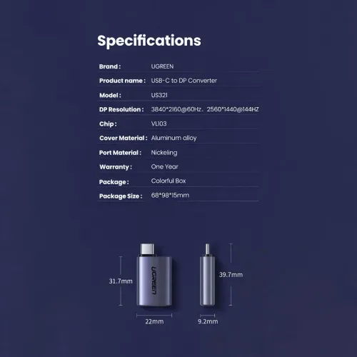 Adaptateur USB Type-C To DisplayPort DP UGREEN US321 (70451)