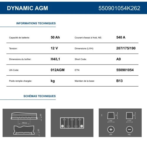BATTERIE VARTA 50AH AGM (START-STOP) FIAT 500 FABIA