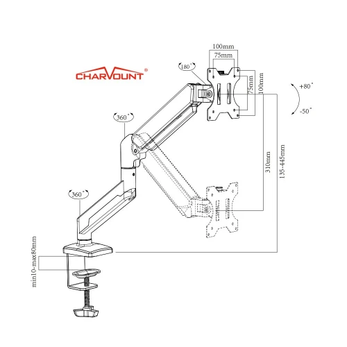 Support de Bureau pour 1 Écrans 3D ANYTOOL Rotation 360 Inclinaison 15 Charge Maximale 8KG par Écran ATS-001-3D