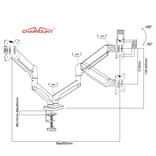 Support de Bureau pour 2 Écrans 3D ANYTOOL - Rotation 360, Inclinaison 15 Charge Maximale 8KG par Écran ATS-002-3D