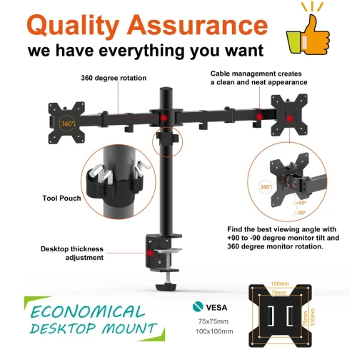 Support de Bureau pour 2 Écrans ANYTOOL Rotation 360 Inclinaison 15 Charge Maximale 8KG par Écran ATS0002E