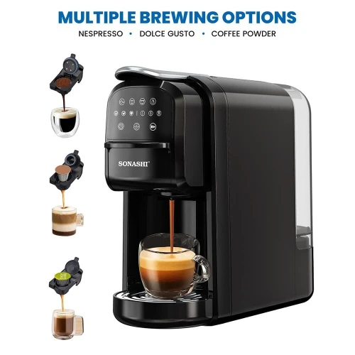 SONASHI Machine à café 3en1 Capsules NESPRESS/Dolce Gusto/Poudre 20 bars 1400w Tactile