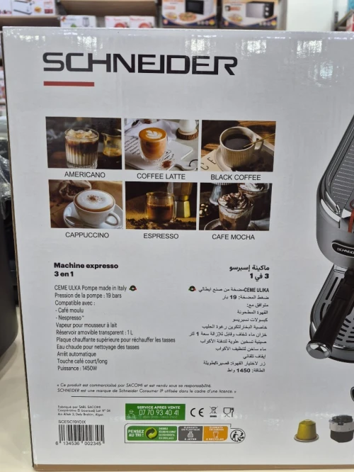 SCHNEIDER Machine à café 3en1 Capsule et café moulu 1450w 19 bars