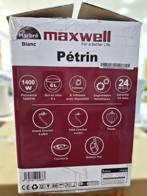 MaxWell Pétrin Double crochet 1400w 1.5Kg 6L Blanc/marbre