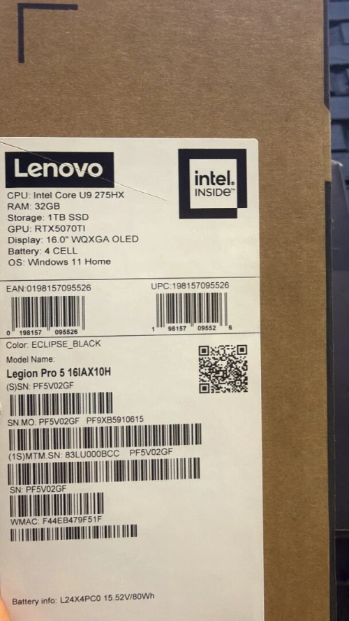 Lenovo Legion Pro 5i Gen 10 16" WQXGA Intel Core Ultra 9 275HX, 32GB DDR5, 1TB SSD, RTX 5070 Ti