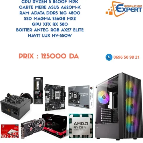 CONFIG RYZEN5 8400F CM A620M-K RAM DDR5 16G SSD 256GB MX2 GPU RX 580 BOITIER ANTEC AX27 PSU 550W