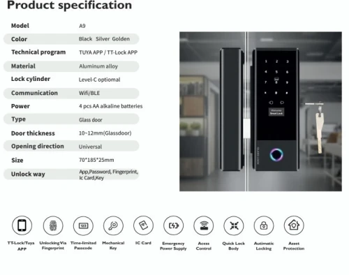 Serrure intelligente pour porte en verre A9