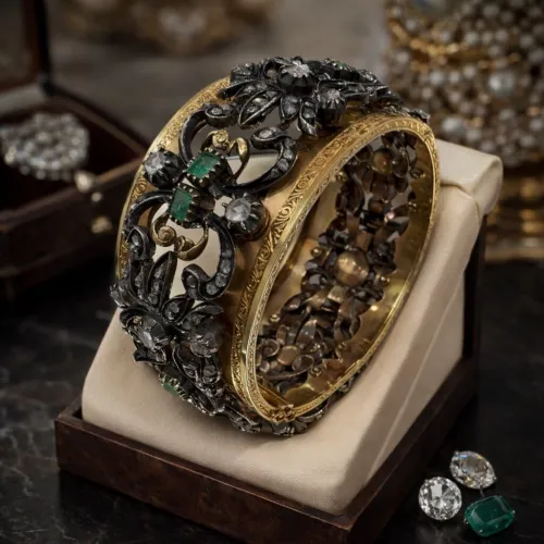 Bracelet ancien or diamants emeraudes