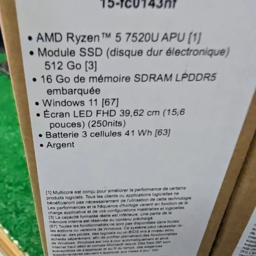 HP 15 AMD Ryzen 5 7520U RAM 16GB 512SSD écran 15.6 full HD jamais utilisé sous emballage
