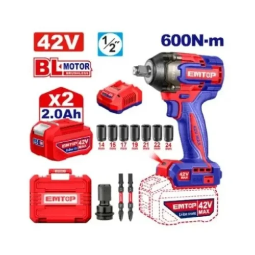 Boulonneuse clé à chocs sans fil 42V Li-Ion 2 Batteries 2.0ah Brushless (Avec valise) 1/2" DR 600Nm