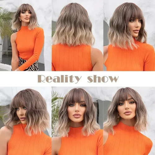 Perruque bob ondulée grise pour femme avec tresses perruque courte blonde ombrée avec racines foncé 