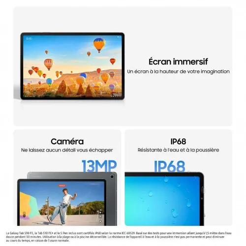 SAMSUNG GALAXY TAB S10 FE 5G - 8GO - 128 GO - 10,9″ LCD -13 MPXL + S PEN - WI-FI 6E - BLUETOOTH 5.3 - 8000 MAH