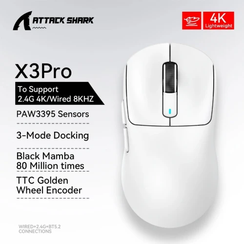 ATTACK SHARK X3 PRO - SOURIS FILAIRE & SANS FIL - BLUETOOTH - 6 BOUTONS - 26000 DPI - 8KHZ - WHITE