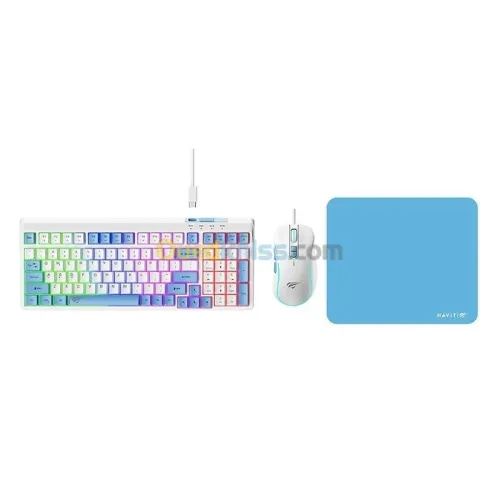  HAVIT GAMENOTE KB897CM - CLAVIER MÉCANIQUE + SOURIS + TAPIS - RÉTROÉCLAIRAGE - RED SWITCH - WHITE 