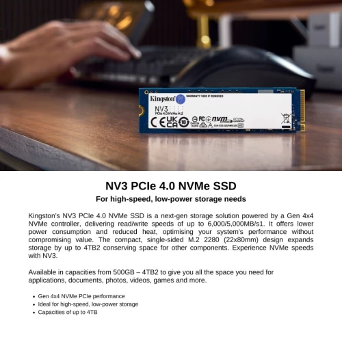 KINGSTON NV3 PCIE 4.0 NVME SSD M.2 - 4TB - PCIE 4.0 - GEN 4 - JUSQU'À 6000MB/S - PC & LAPTOP -BLACK