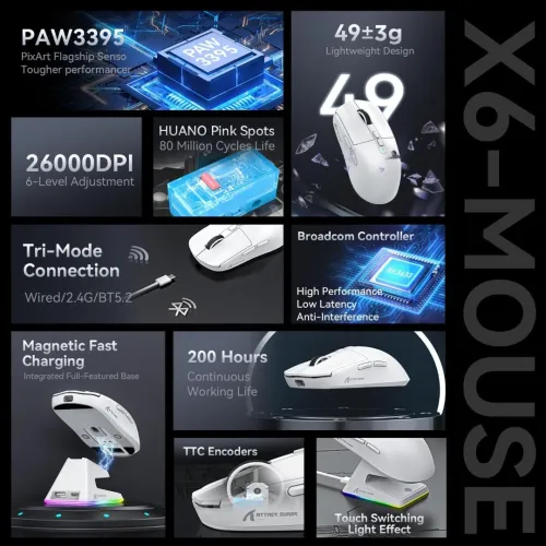 ATTACK SHARK X6 - SOURIS FILAIRE & SANS FIL - BLUETOOTH - USB 2.4G - 7 BOUTONS - 26000 DPI - WHITE