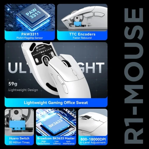 ATTACK SHARK R1 - SOURIS FILAIRE & SANS FIL - BLUETOOTH - 2.4G - 6 BOUTONS -18000 DPI - 1KHZ - WHITE
