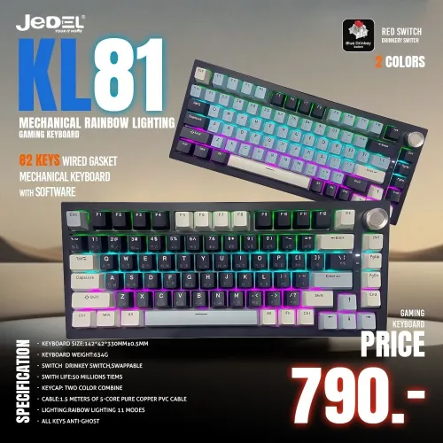 JEDEL KL-81 - CLAVIER GAMING MÉCANIQUE FILAIRE - RED SWITCH - RGB - 75% - HOT-SWAPPABLE - QWERTY
