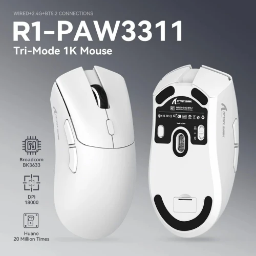 ATTACK SHARK R1 - SOURIS FILAIRE & SANS FIL - BLUETOOTH - 2.4G - 6 BOUTONS -18000 DPI - 1KHZ - WHITE