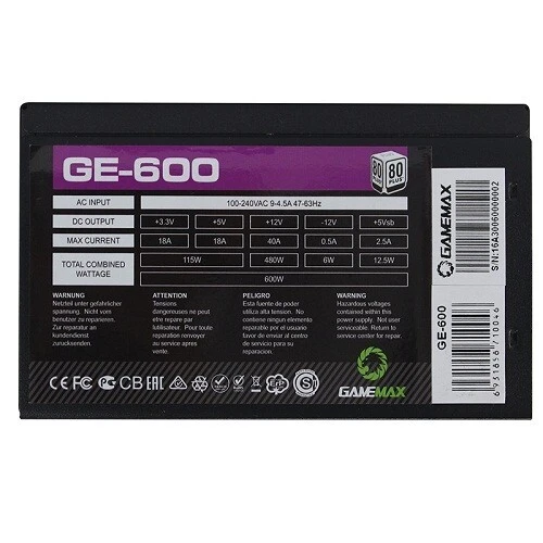 GAMEMAX GE-600 - ALIMENTATION 600W - FULL RANGE - PC DESKTOP GAMING - FAN SILENCIEUX - BLACK