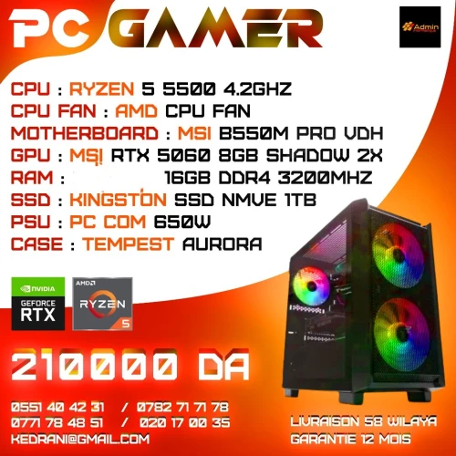 PC GAMER - RYZEN 5 5500 - MSI B550M PRO-VDH - 16GO DDR4 ( 8x2 ) - 1TO SSD NVME GEN 4 - RTX 5060 8GO - PSU 650W SI SERIES - TEMPEST AURORA BLACK
